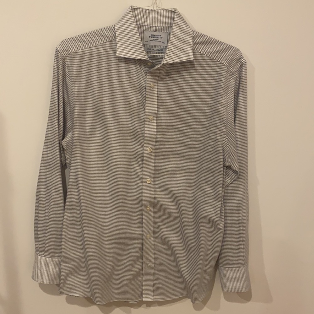 Men’s Dress Shirt 16/34 Twill Mini Grid Check Black/White Spread Collar